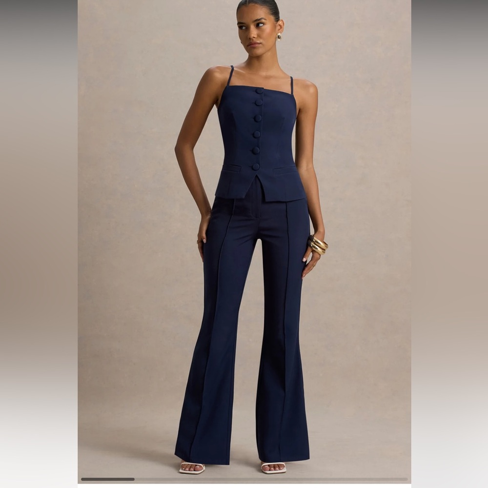 Club L London Set (2)  Navy Tailored Flare Pants & Top Vest 4 New $250